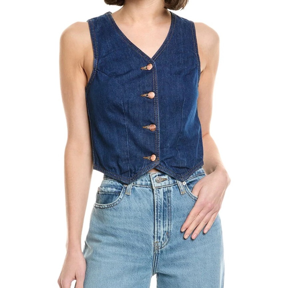 STAUD x Wrangler Dark Blue Denim Sleeveless Vest Button-up Medium Crop Top